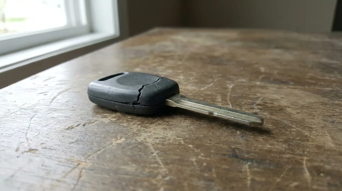 Cracked car key on worn wooden table next to window in soft natural light