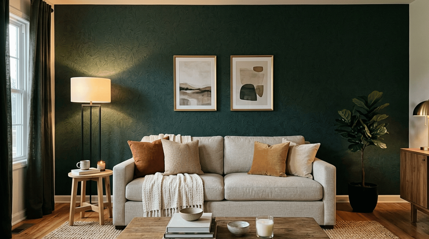 dark moody wallpaper in deep charcoal and saturated tones creating a dramatic backdrop in a modern bedroom