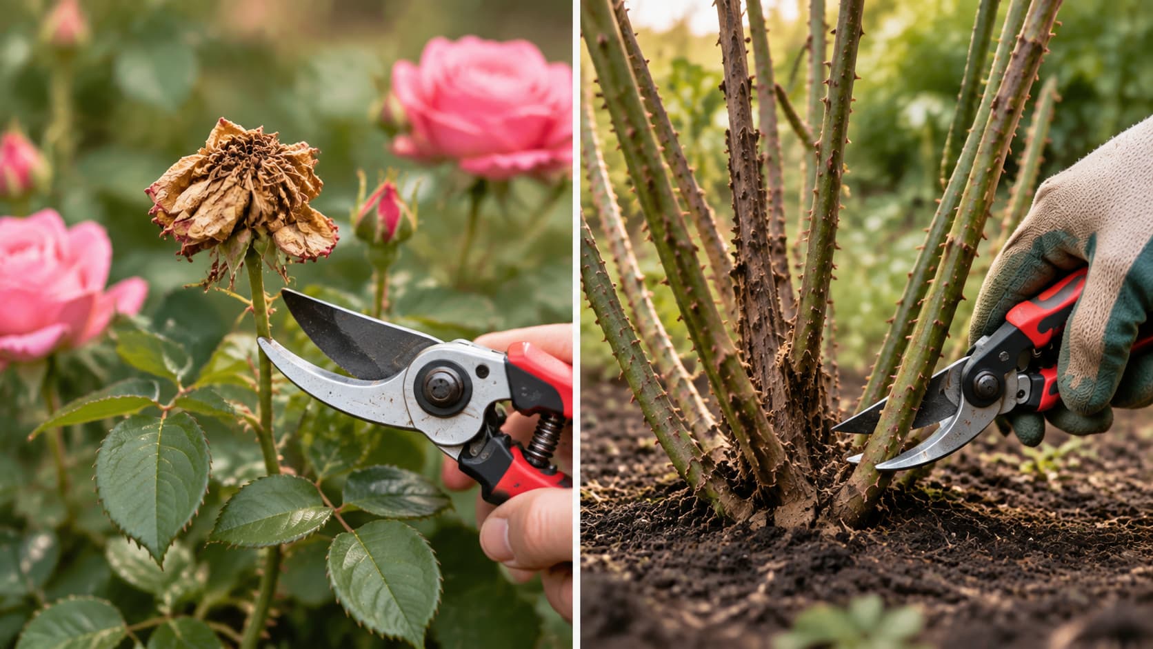 Side-by-side comparison of deadheading a faded rose bloom versus pruning a thick woody rose cane.