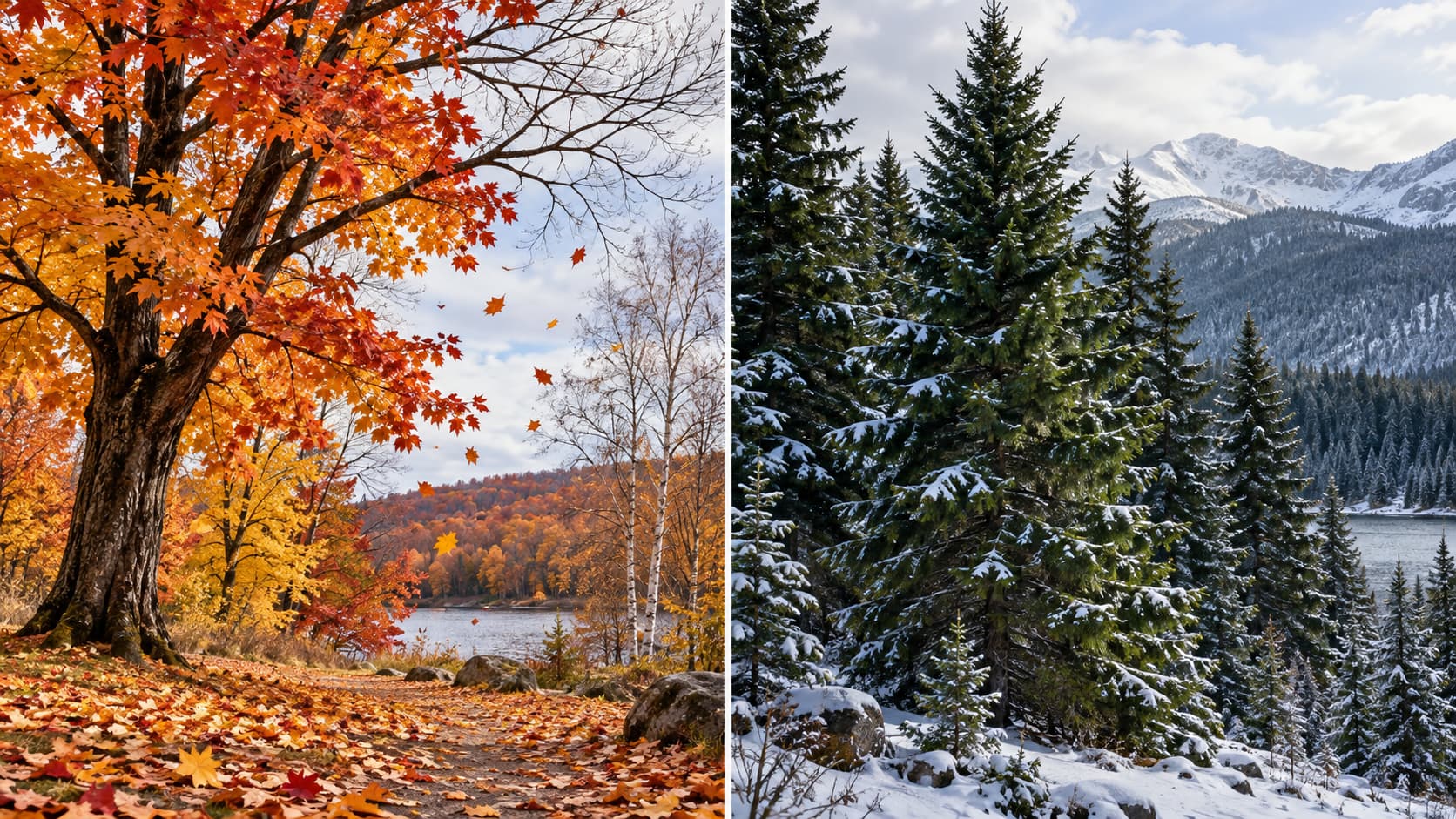 Side-by-side comparison of a colorful autumn deciduous forest with falling foliage and a snow-covered evergreen pine forest in winter.