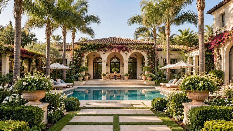 luxury Mediterranean-style villa patio and swimming pool flanked by palm trees and potted plants.