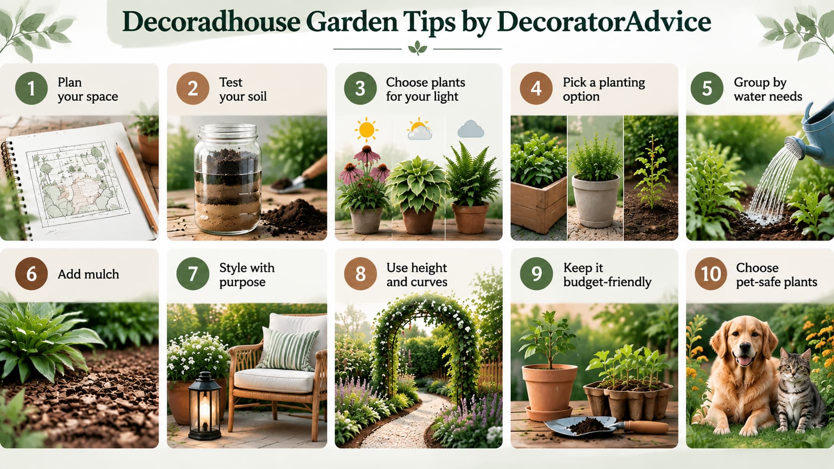 Infographic highlighting 10 Decoradhouse garden tips including space planning, soil testing, light matching, planting options, and pet-safe plants.