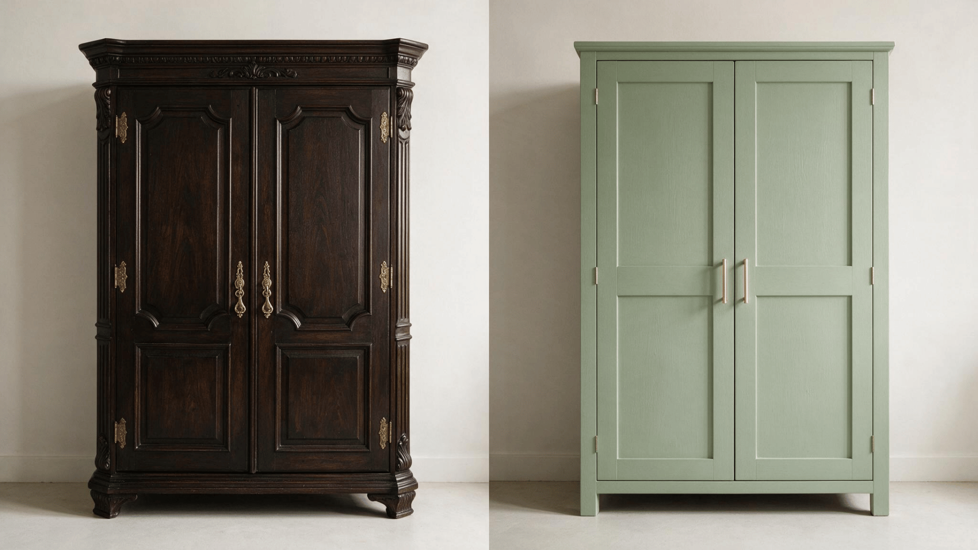 dark carved wood armoire next to sage green shaker-style wardrobe with closed doors
