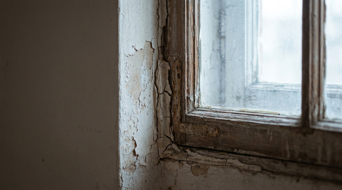 Peeling paint and cracked wall beside old wooden window frame in dimly lit room