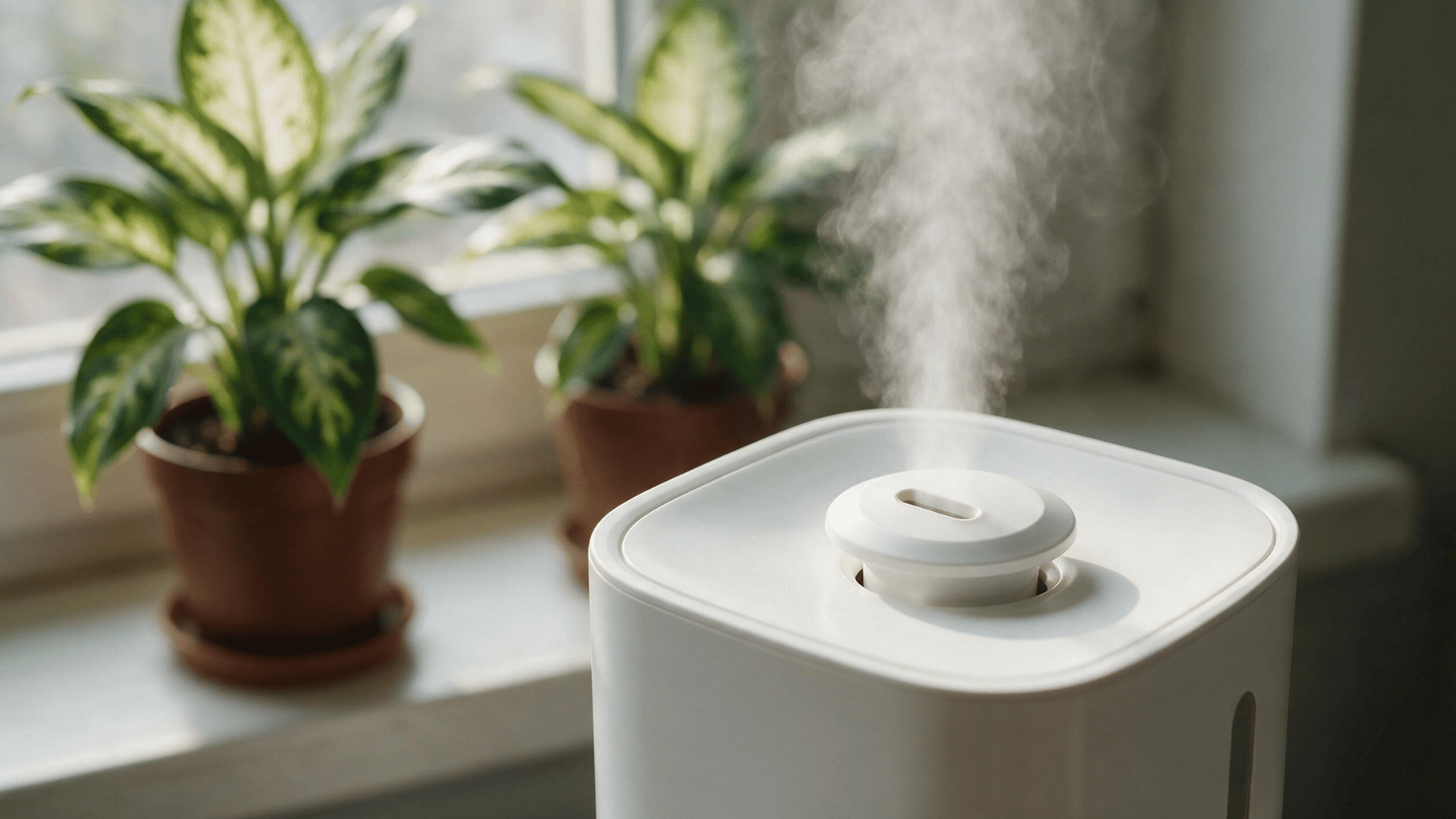 humidifier releasing mist near two potted dieffenbachia plants to help maintain suitable indoor humidity