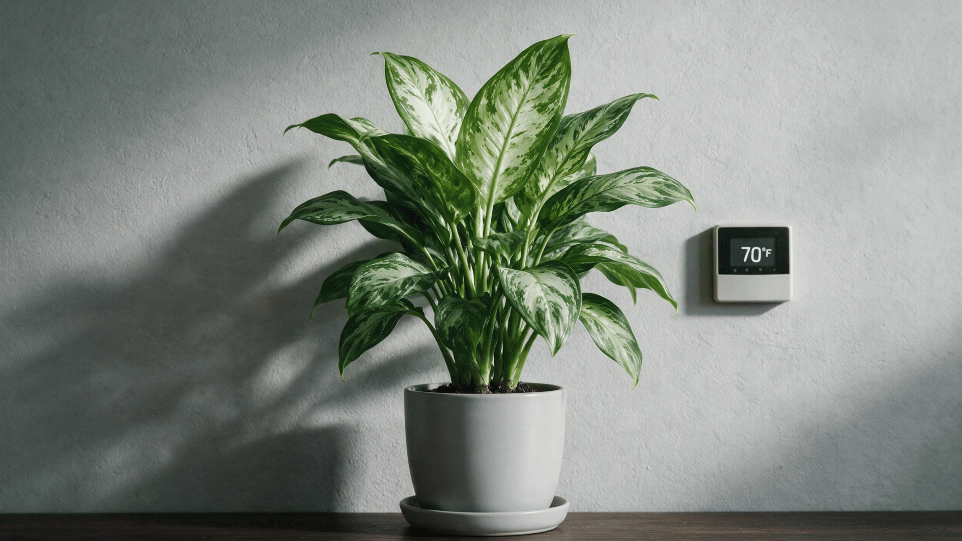 healthy variegated dieffenbachia in a white pot beside a thermostat showing an indoor temperature of 70 degrees