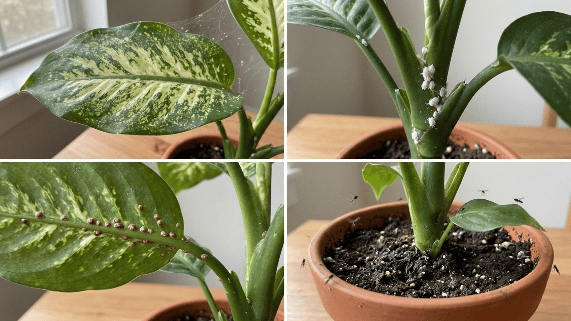 four panel collage showing spider mites mealybugs scale insects and fungus gnats on dieffenbachia plants