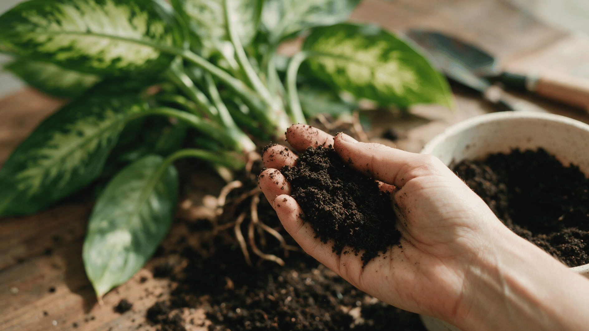 hand holding loose potting soil beside a dieffenbachia plant while preparing fresh soil for repotting