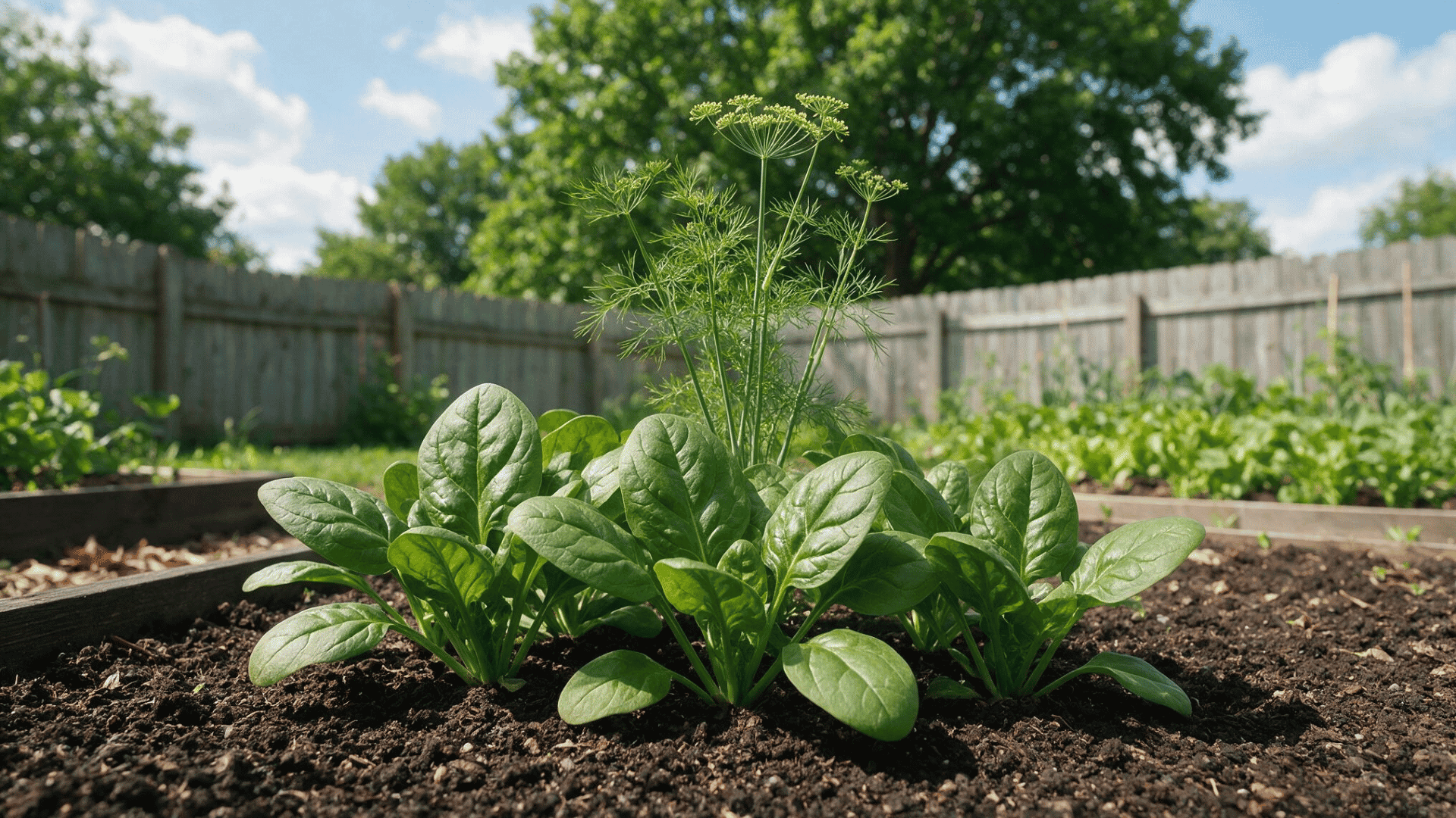 spinach growing around a tall flowering dill plant in a garden bed