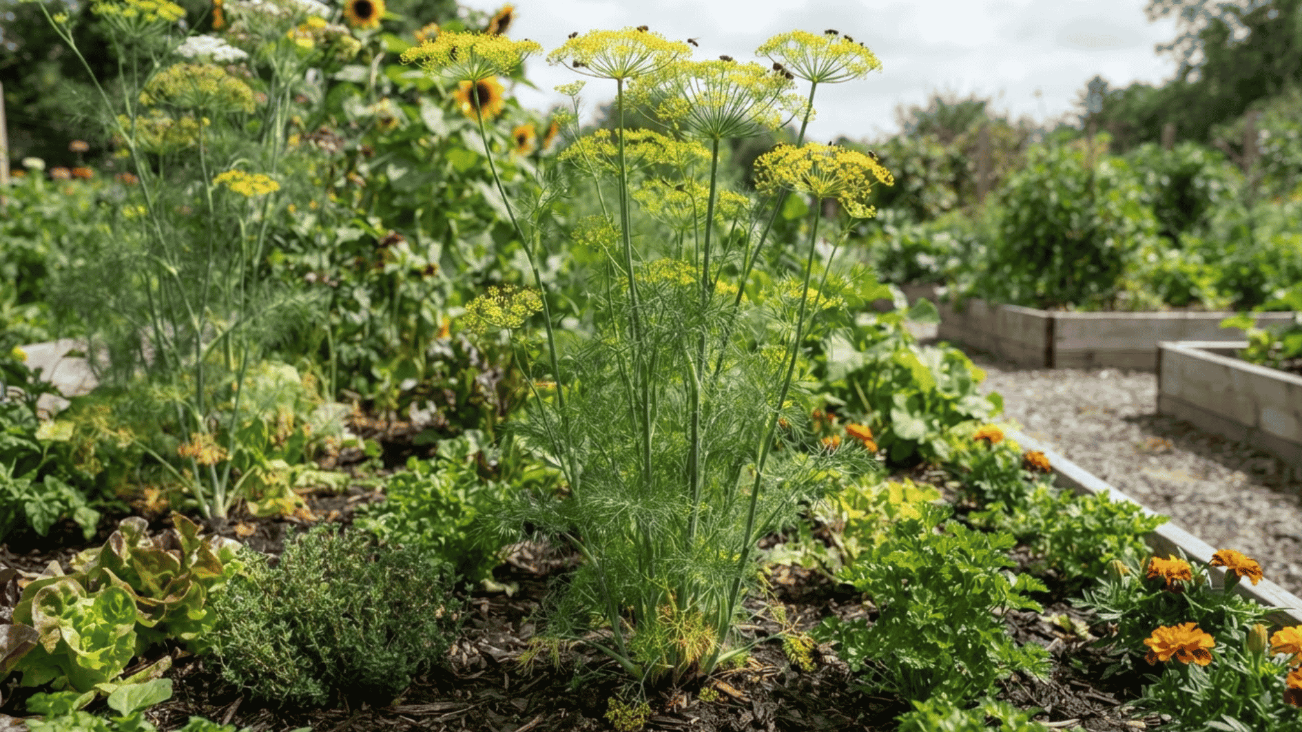 dill plant with feathery leaves and flowering yellow umbels