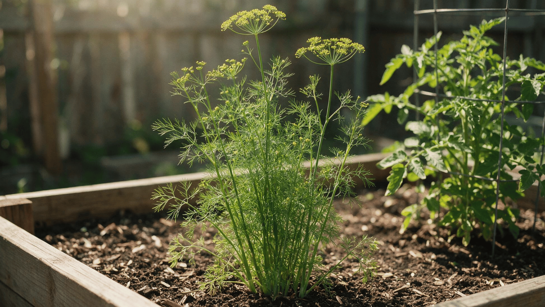tall flowering dill growing beside a tomato plant in a sunny home backyard vegetable garden