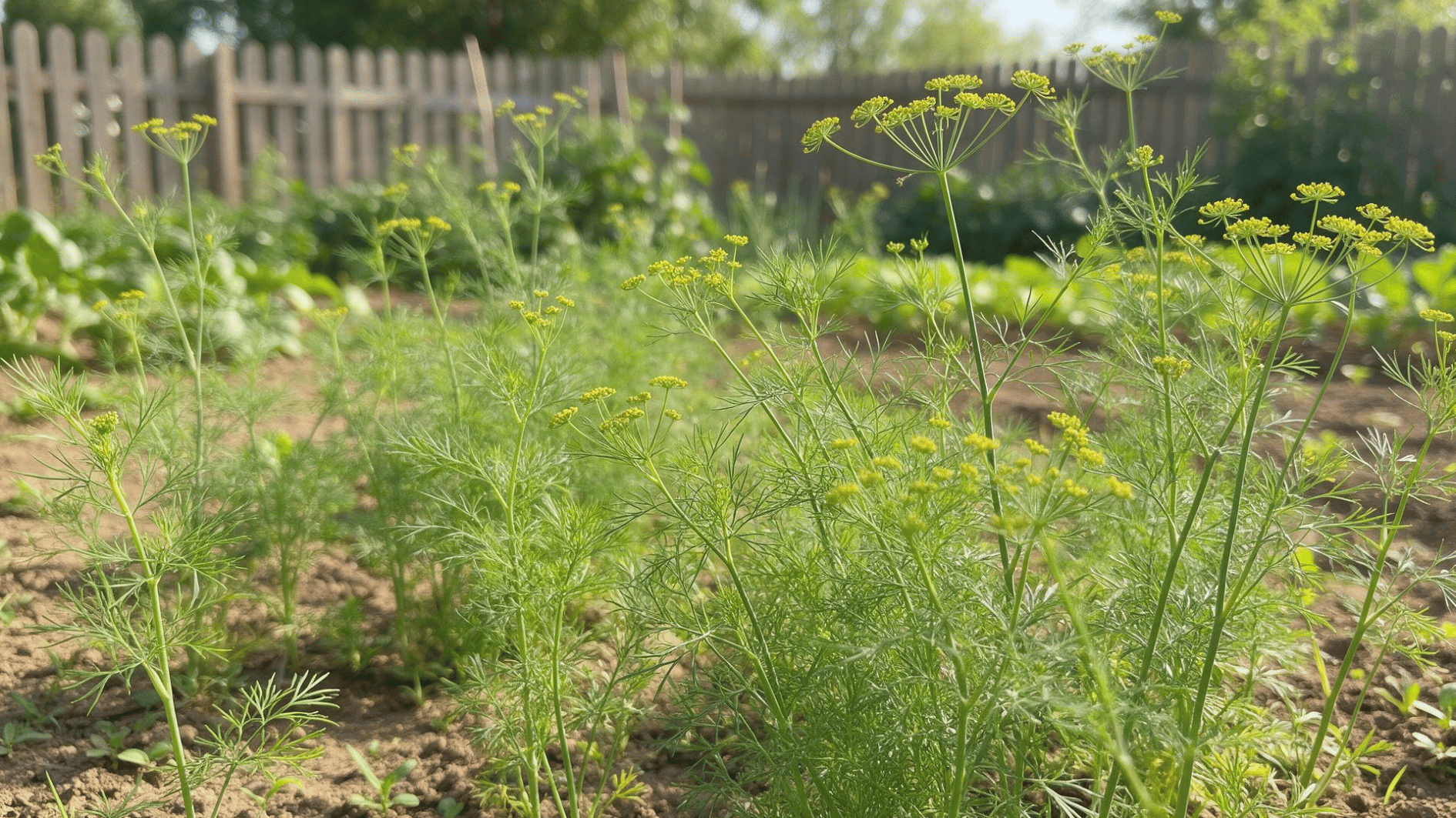 dill plants with yellow flower heads growing in a sunny backyard vegetable garden