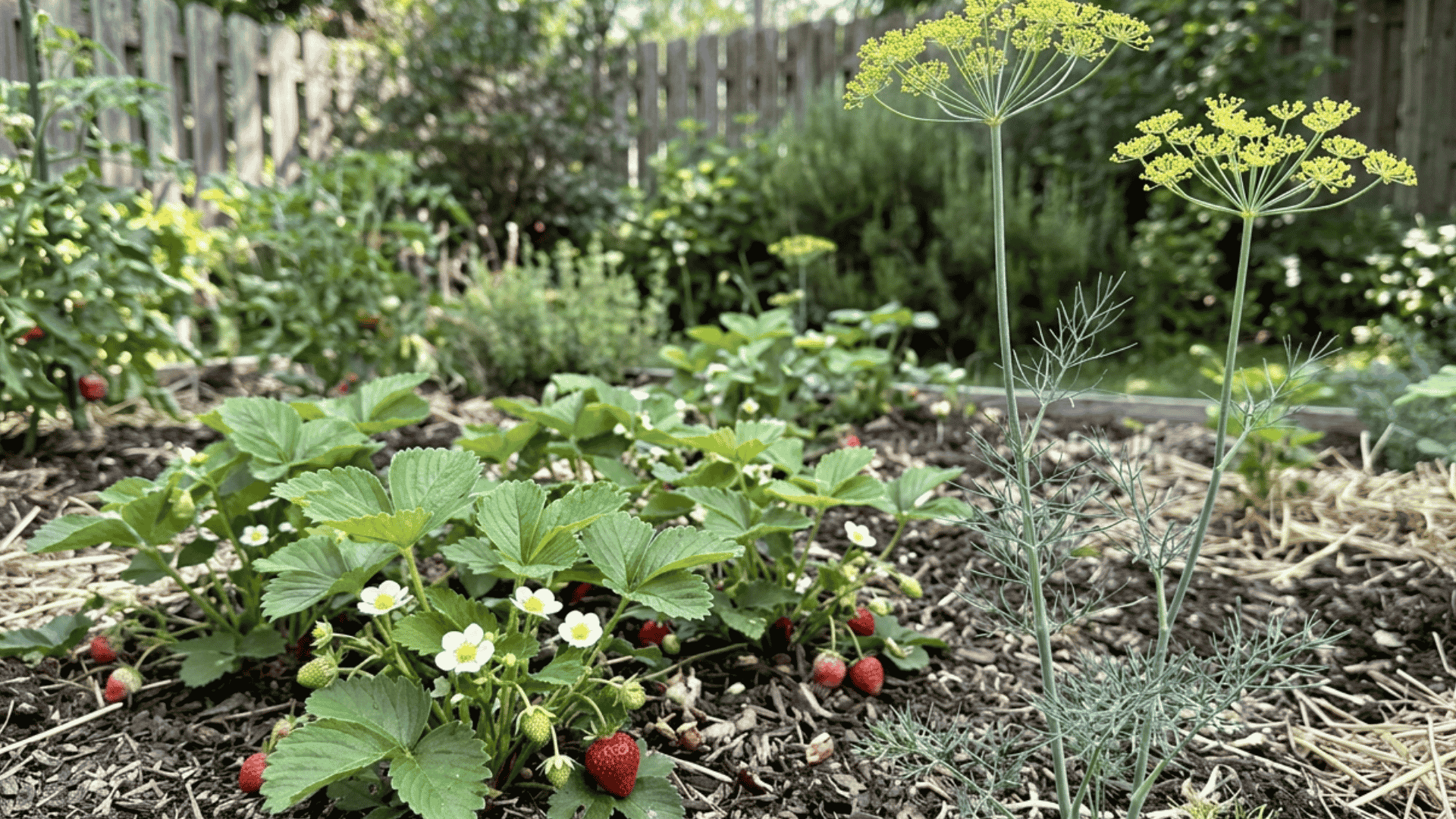 tall flowering dill rising behind low strawberry plants with berries in a realistic backyard garden bed