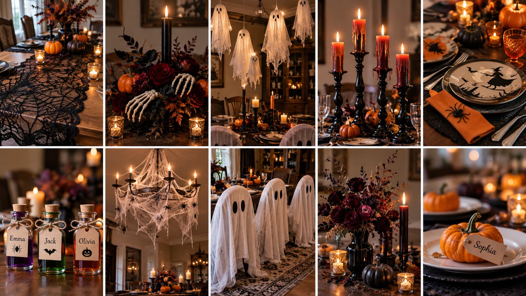 A ten-panel collage displaying Halloween dining table decor with a black lace runner, dark floral centerpiece, floating candles, potion place cards, and ghost chair covers.