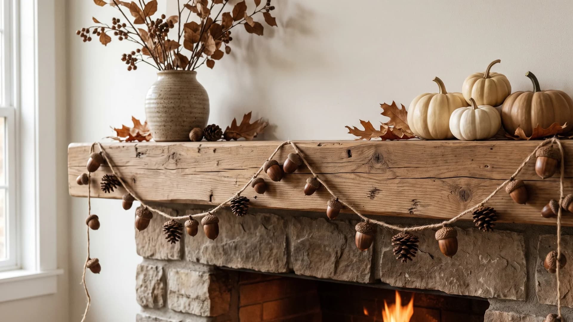 A natural DIY garland crafted from real pinecones and acorns strung along twine across a mantel.