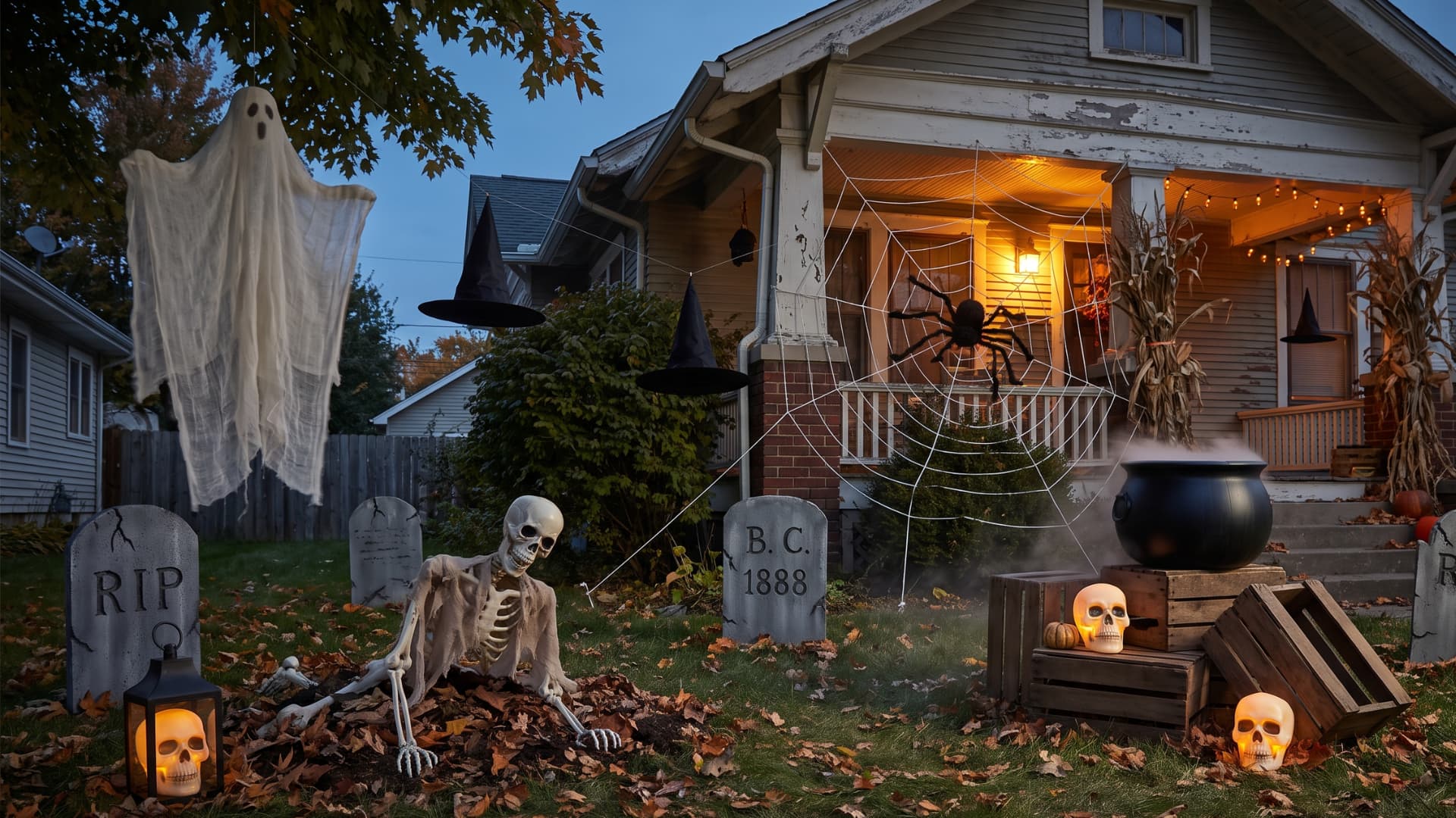 Halloween decorated front yard with a hanging ghost, skeleton in leaves, gravestones, and porch spiders.