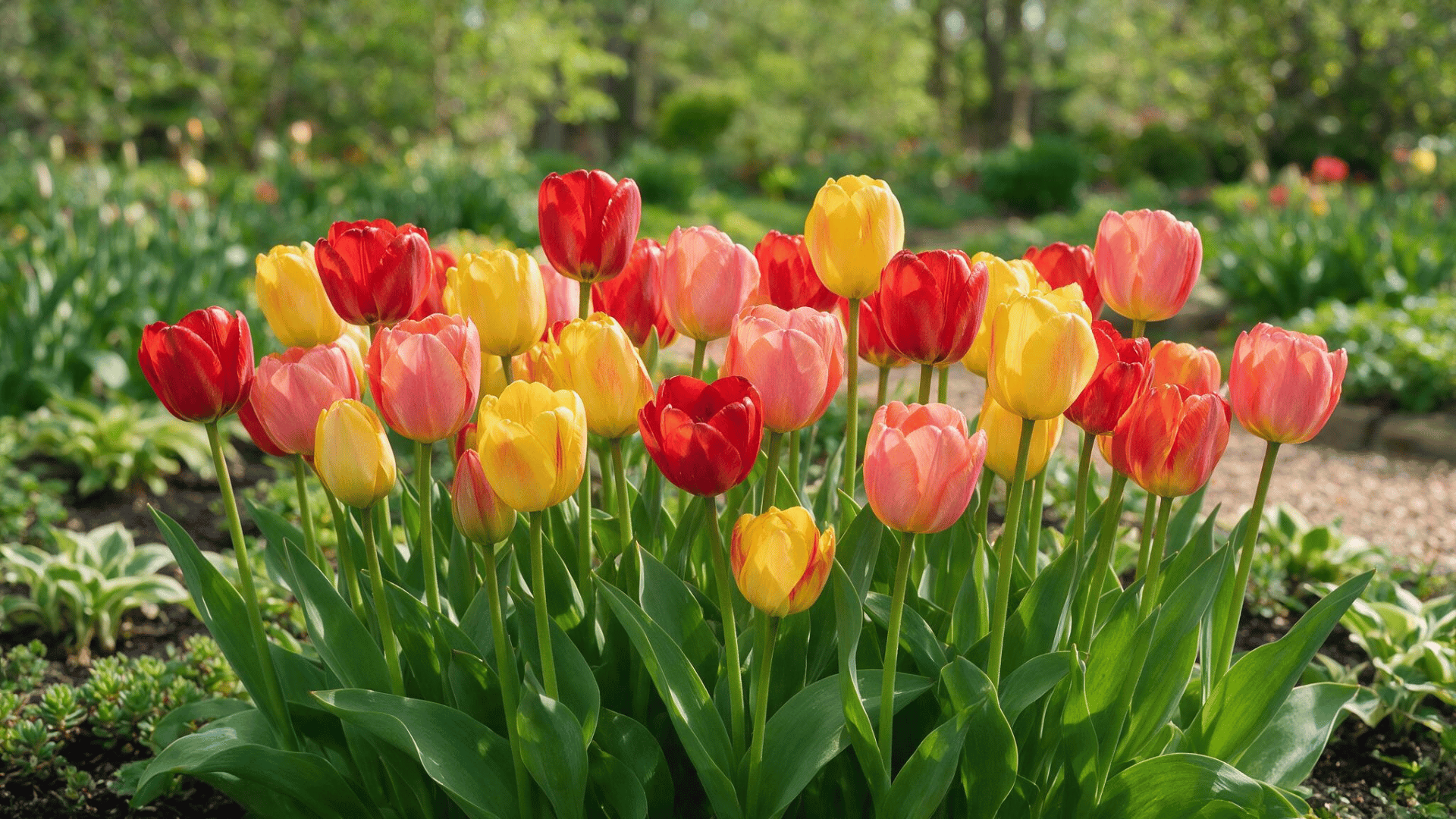 colorful tulips blooming in a garden with green leaves and multiple spring flowers