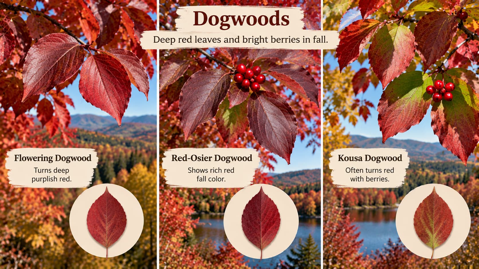 A three-panel infographic displaying deep purplish-red Flowering Dogwood leaves, rich red Red-Osier Dogwood leaves, and red Kousa Dogwood leaves with berries.