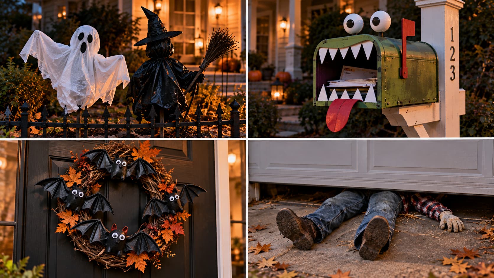 A collage of four DIY Halloween props: trash-bag ghosts, a mailbox monster, egg-carton bat wreath, and fake legs under a garage door.
