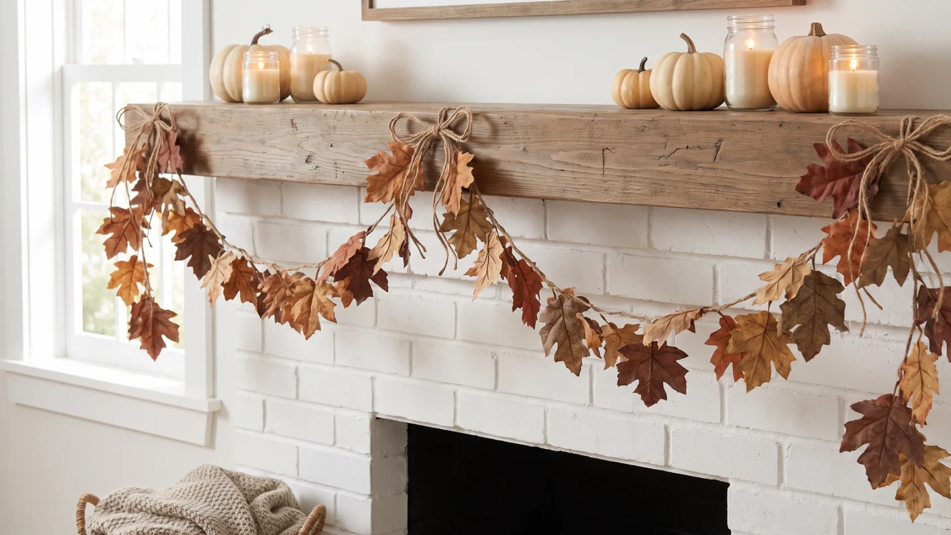 A colorful fall leaf garland tied with natural twine and draped casually across the front edge of a fireplace mantel.