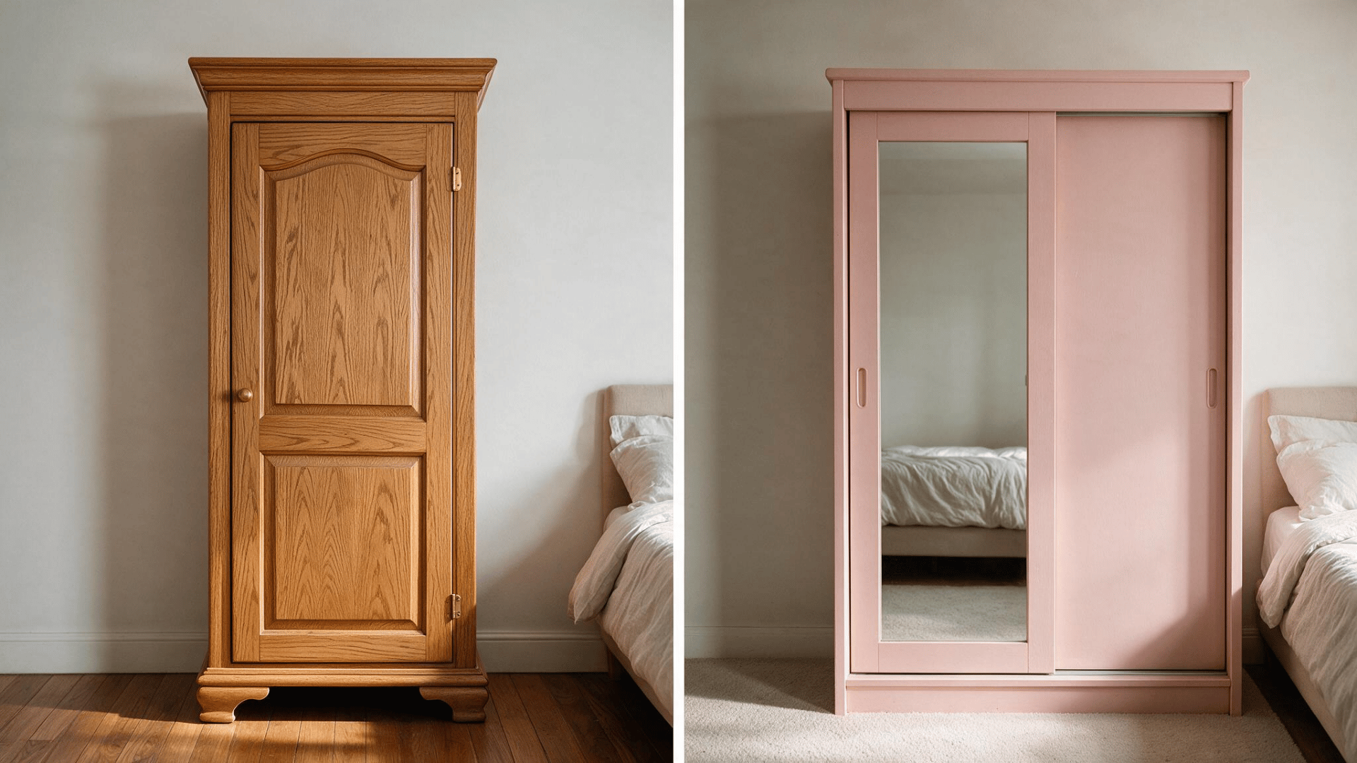 oak armoire with hinged door next to pink wardrobe with sliding mirrored door
