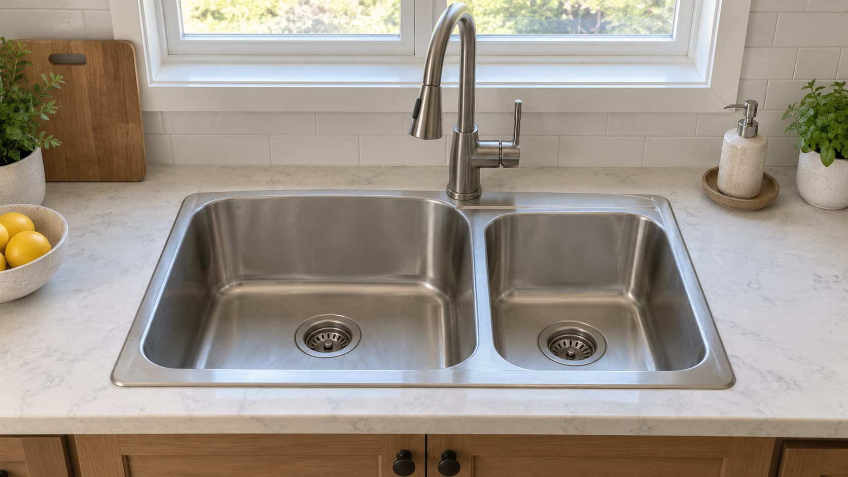 Double-bowl kitchen sink split into two equal basins.