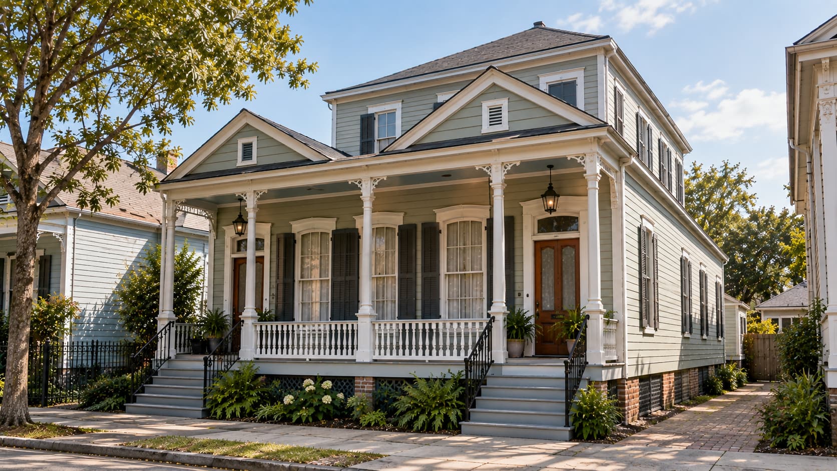Double camelback shotgun house with two units and an upper rear section.