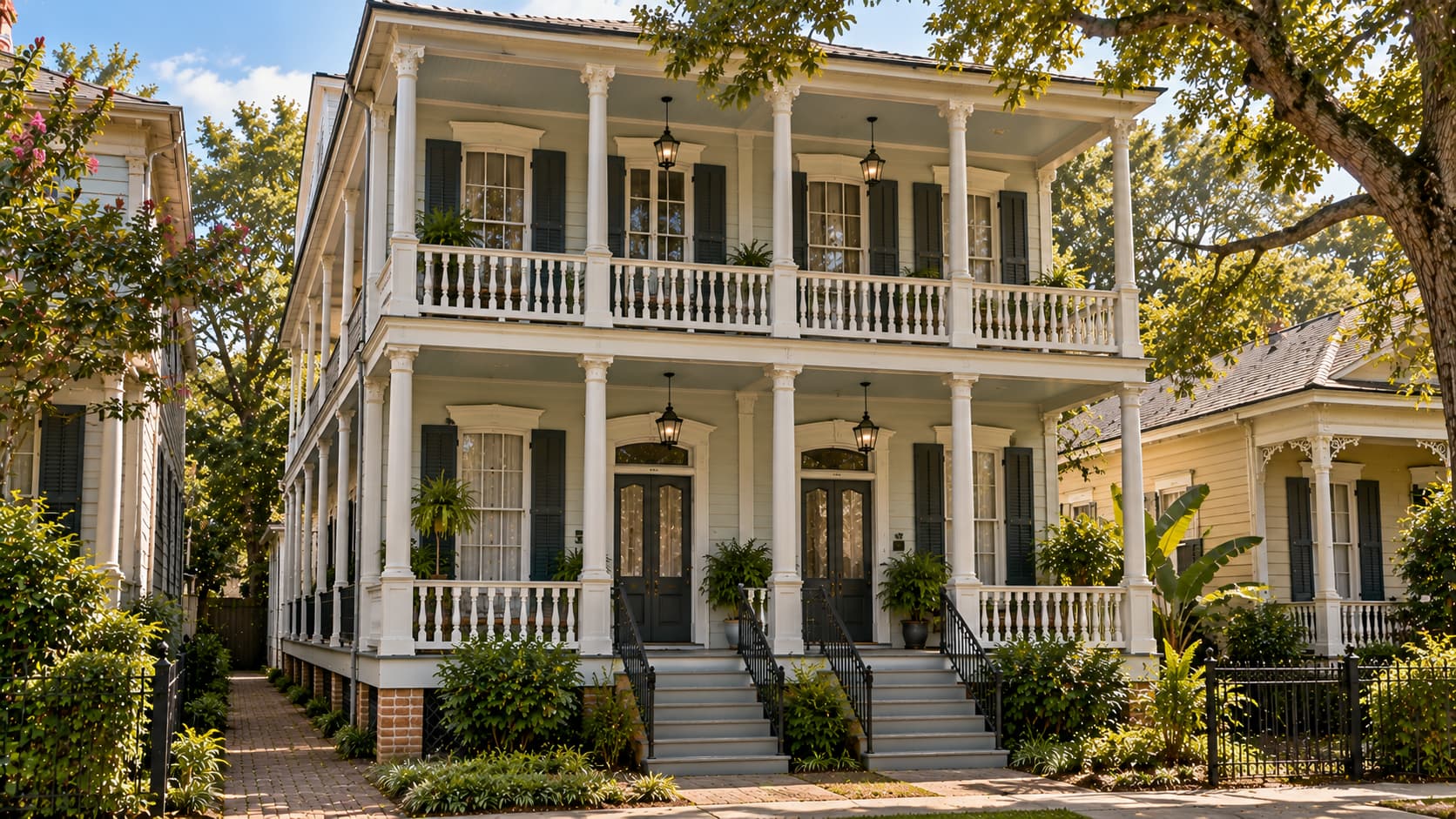 Double-gallery double shotgun house with stacked porches and two-unit form.