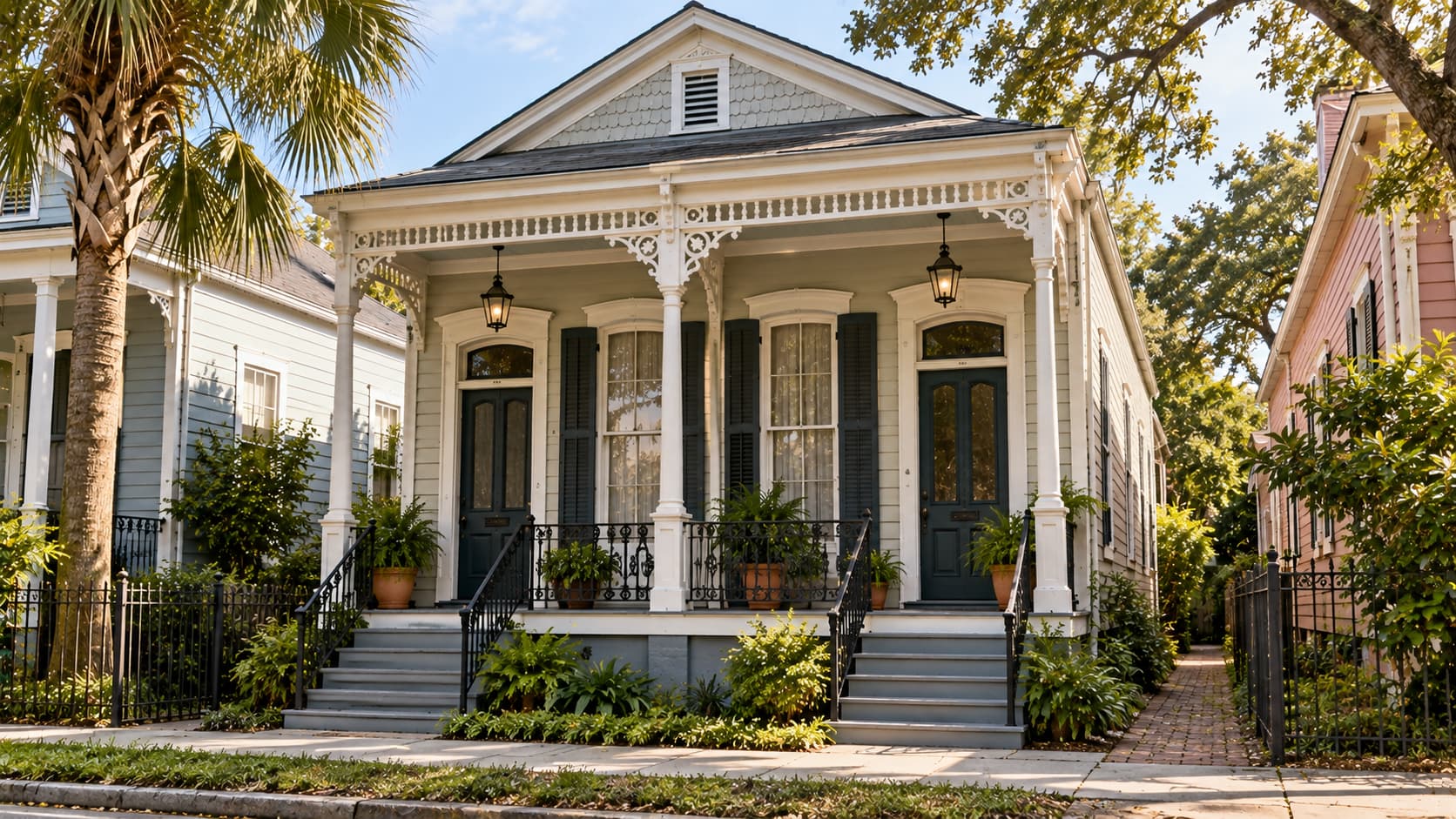 Double shotgun house with two front doors and side-by-side narrow units.