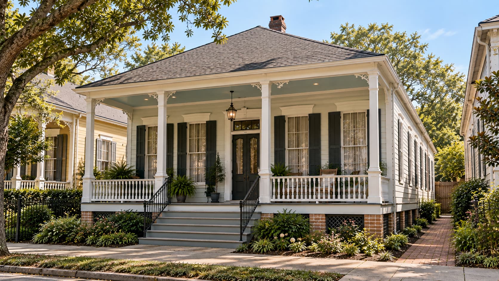 Double-width shotgun house with a wider facade and long rectangular form.