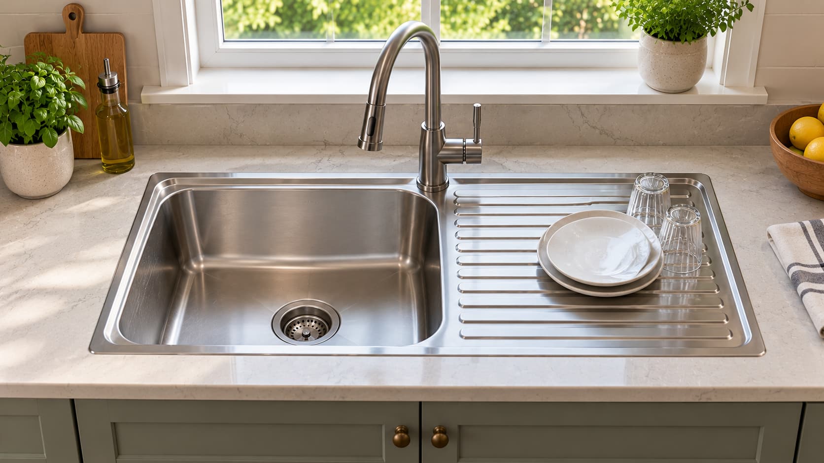 Stainless steel sink featuring an attached side drainboard for drying dishes.