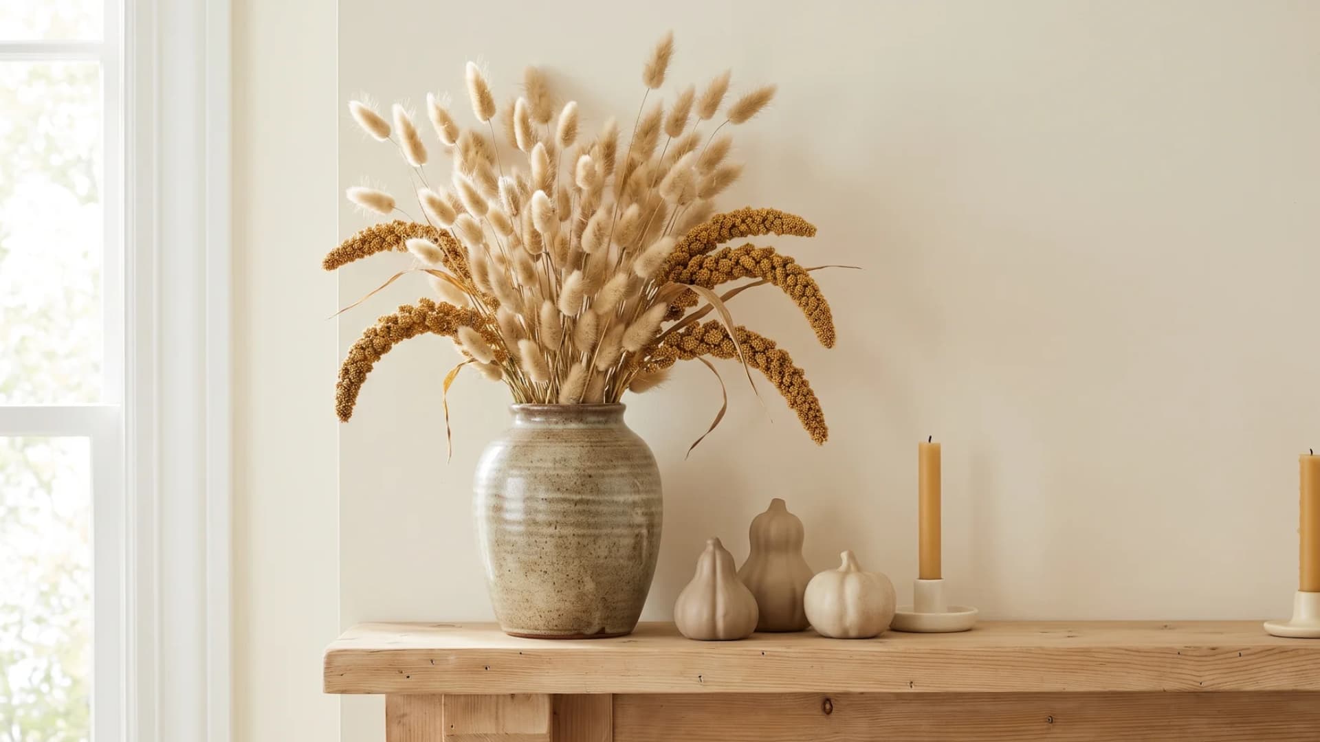 Soft dried bunny tails and a golden millet stem bundle arranged in a simple rustic vase.