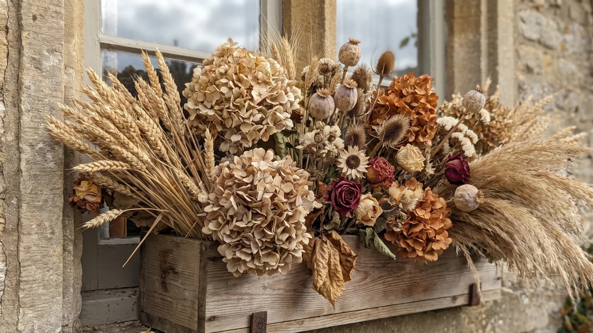 Dried flowers, wheat, and ornamental grasses arranged in a rustic fall window box.