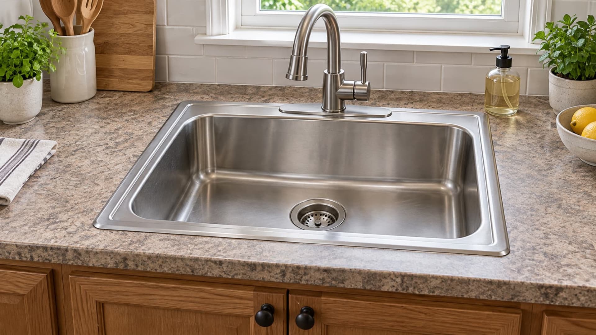 Stainless steel drop-in sink installed on a laminate countertop with visible outer rim.