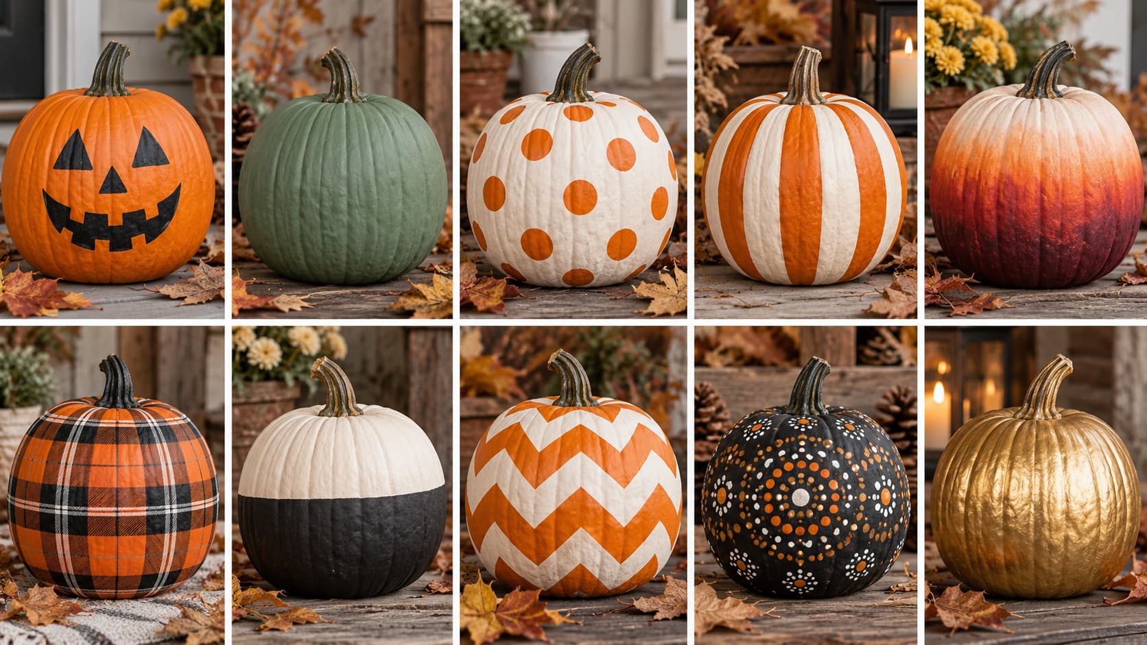 A ten-panel collage of beginner-friendly painted pumpkins showing a jack-o'-lantern face, polka dots, stripes, plaid, and metallic gold designs.