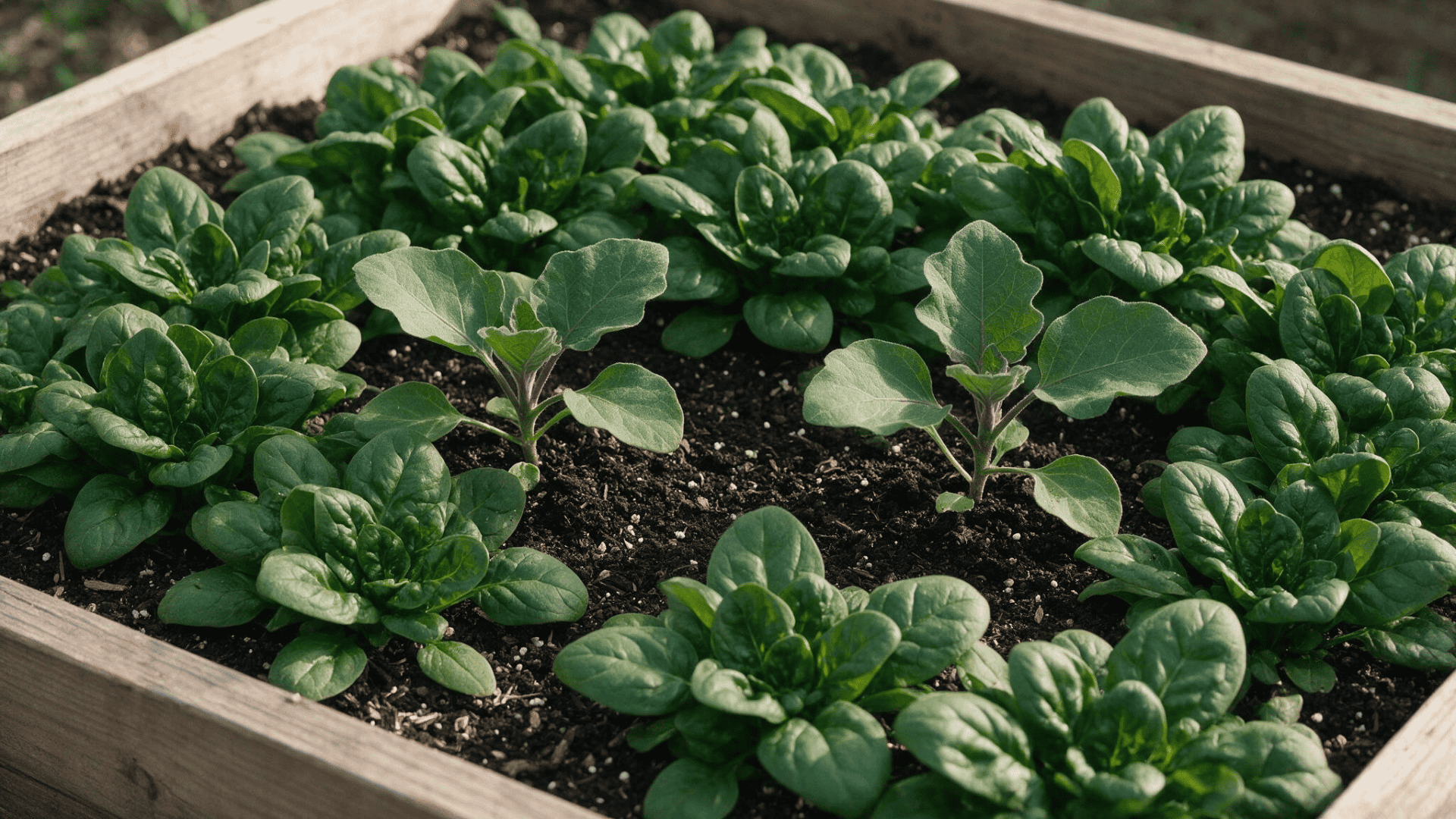young eggplant seedlings growing between mature spinach in a raised bed