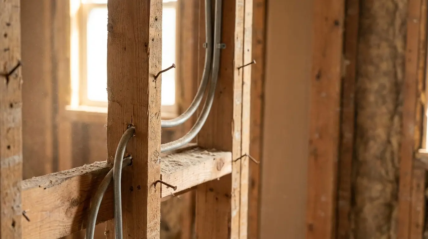 Wooden wall framing with exposed electrical conduit in unfinished construction site