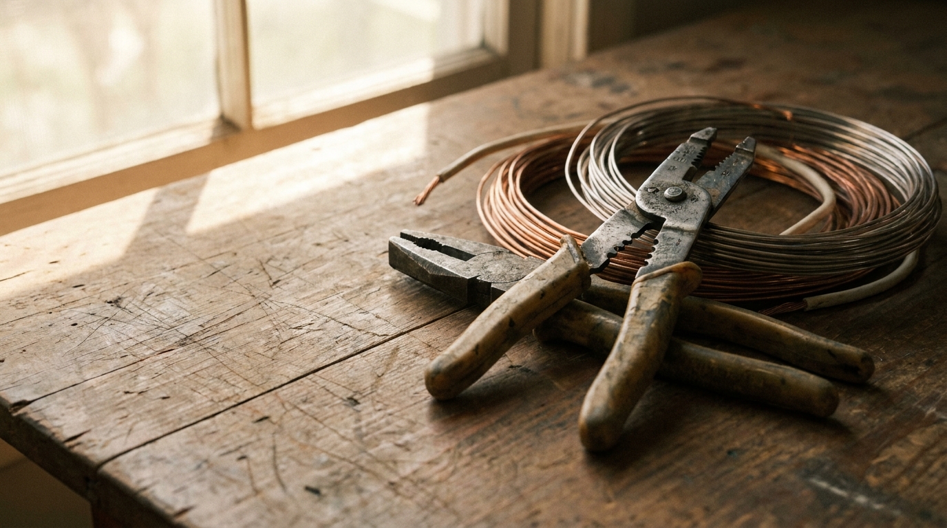 Coiled copper wire and pliers on rustic wooden workbench near window