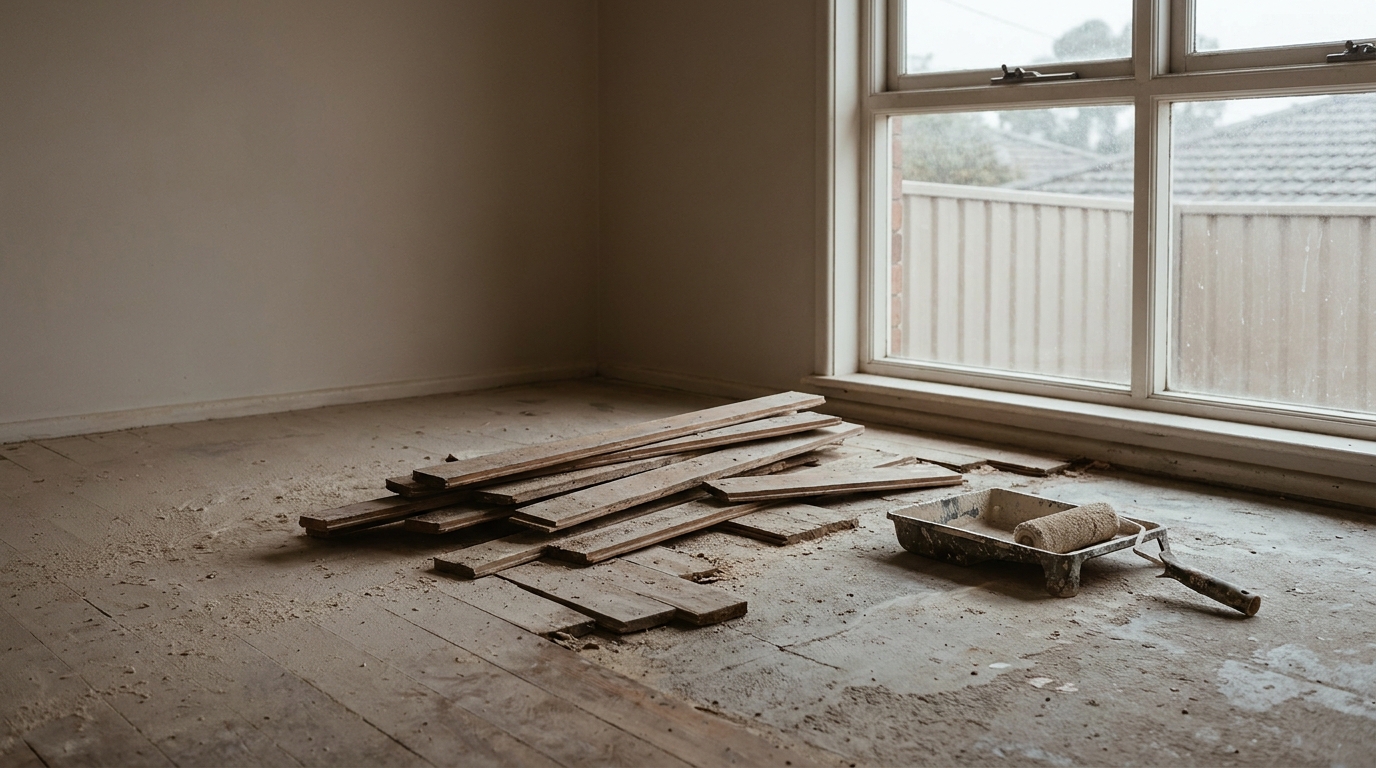 Scattered wooden planks and paint roller on dusty wooden floor near window