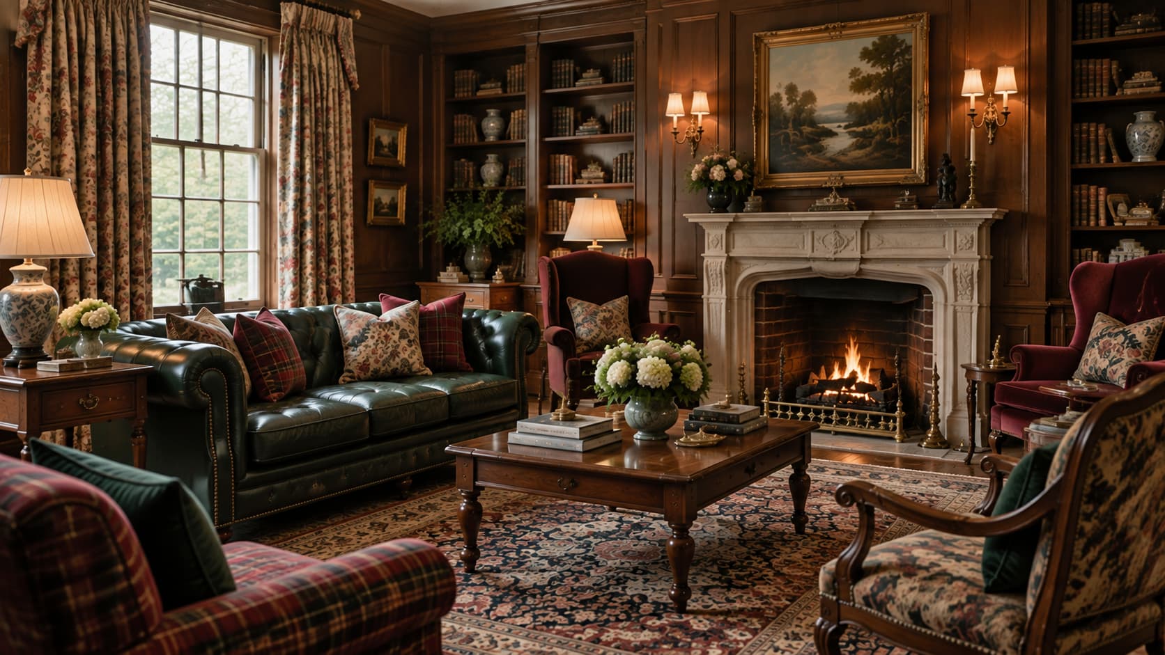 English traditional living room featuring dark wood paneled walls, a leather Chesterfield sofa, dark wood coffee table, and a stone fireplace.