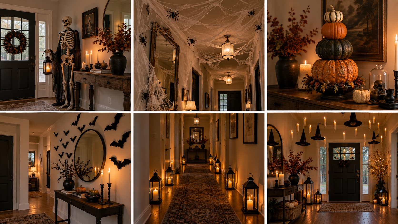 A six-panel collage showing entryway Halloween decor, including a skeleton, cobwebs, stacked pumpkins, paper bats, lanterns, and floating witch hats.