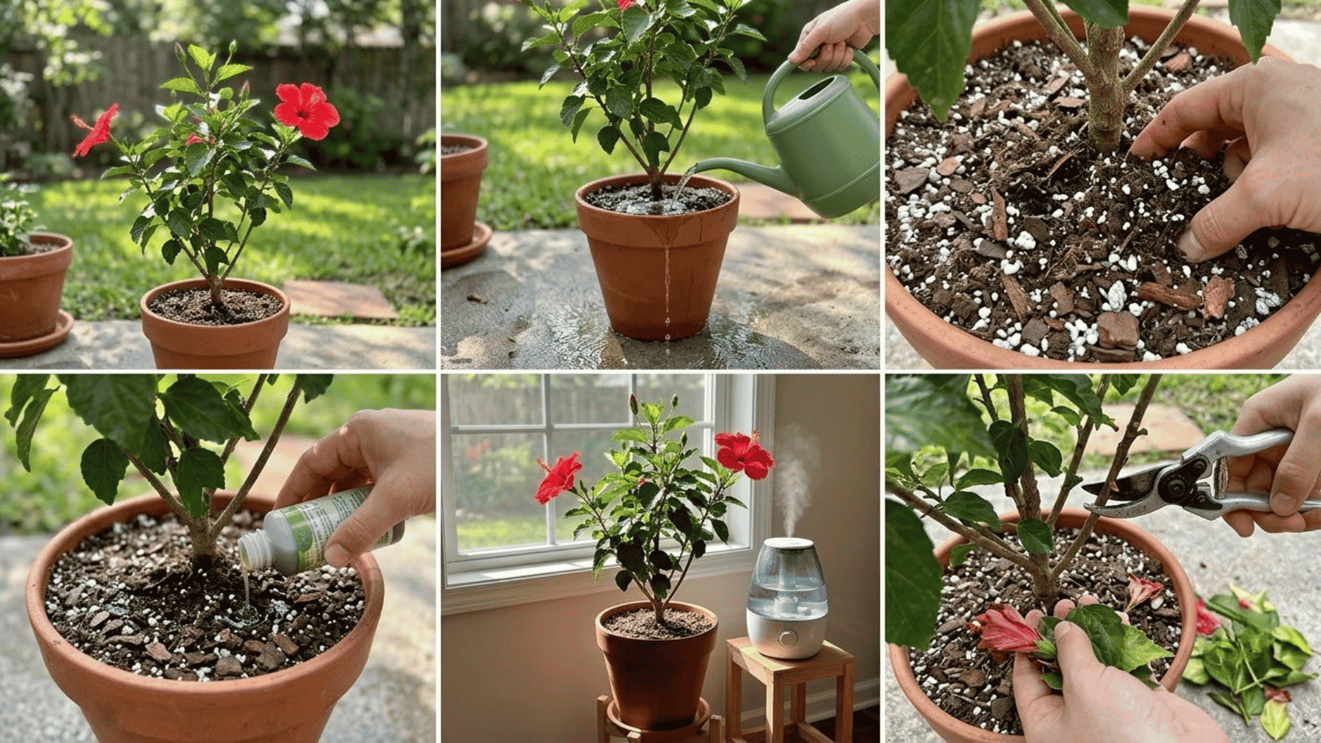 six-panel collage showing sunlight watering soil feeding indoor placement and pruning for hibiscus care