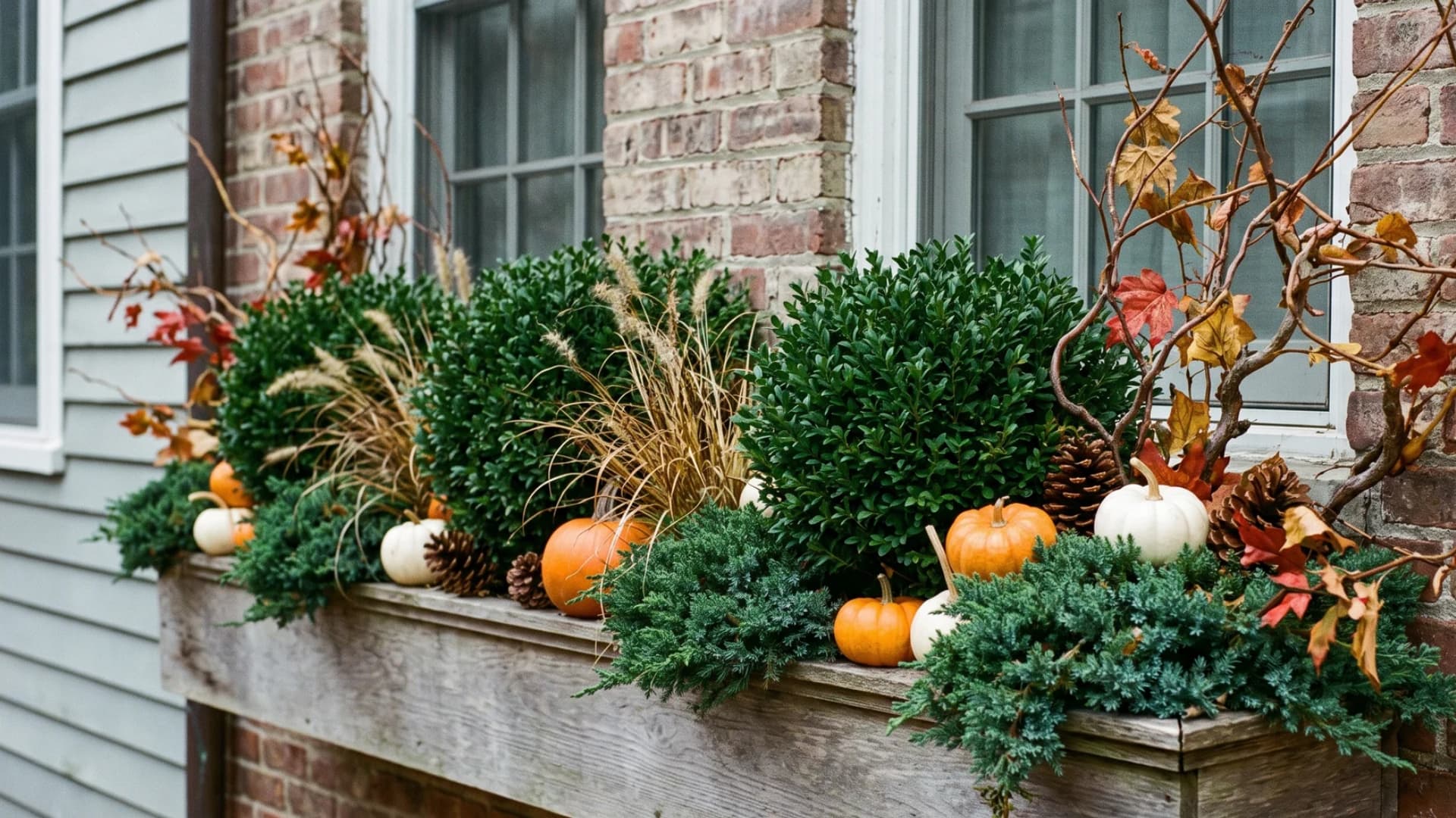 Evergreen boxwood and juniper with pumpkins and dried grasses in a fall window box.