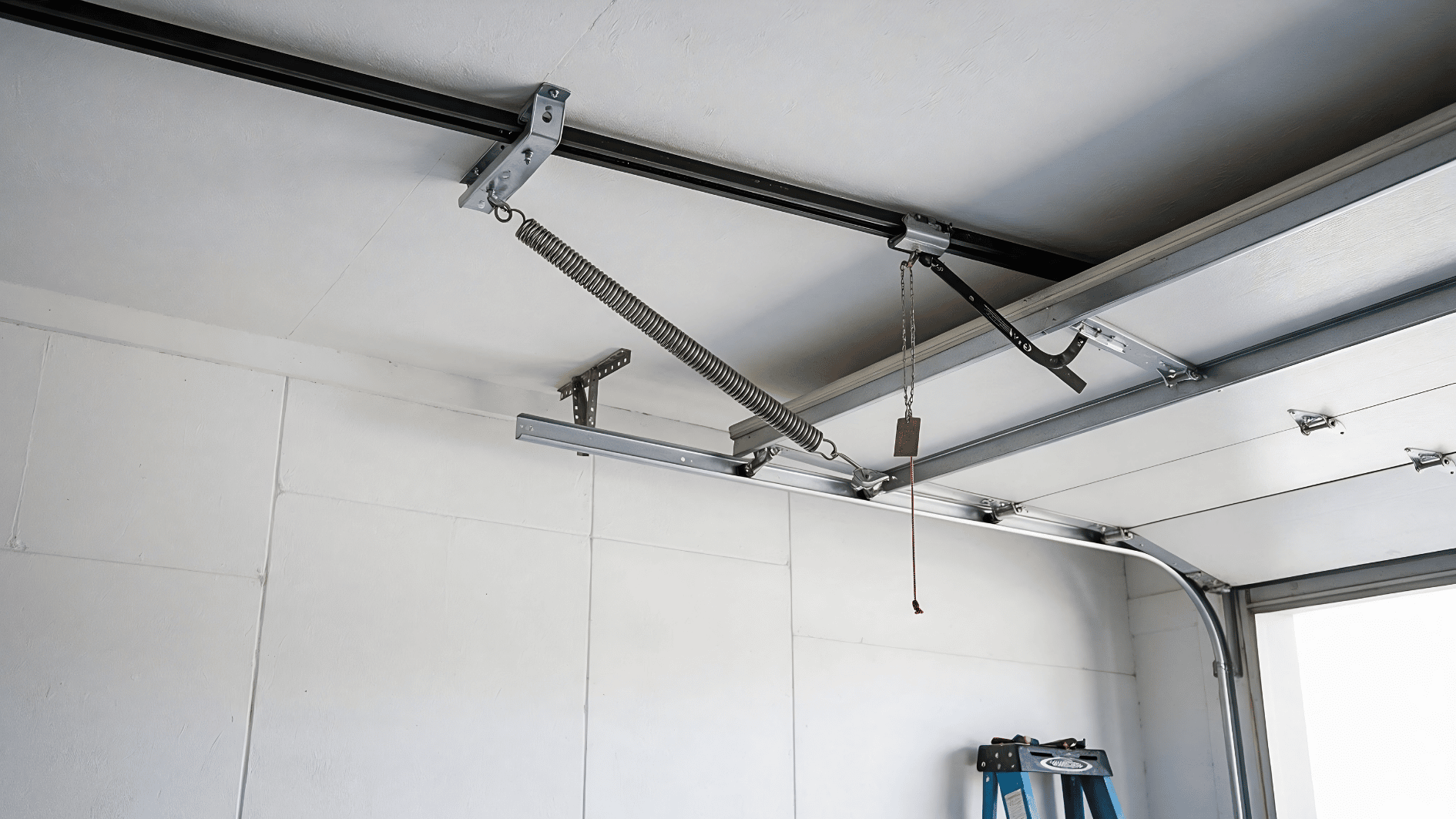 extension spring system is installed along the garage door track near the ceiling, with safety hardware attached