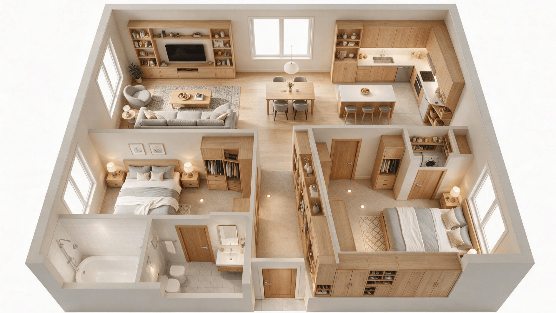 2 bedroom apartment layout with visible entrance, extra storage, and furnished rooms