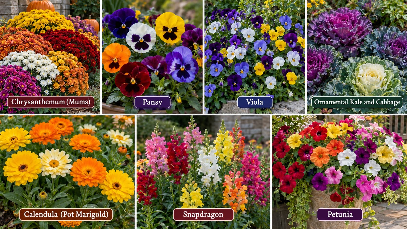 A multi-panel collage showcasing colorful fall annual flowers including mums, pansies, violas, ornamental kale, calendula, snapdragons, and petunias