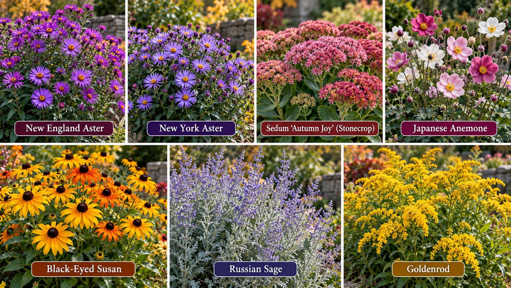 A collage of popular fall perennials, including asters, sedum, Japanese anemone, black-eyed Susan, Russian sage, and goldenrod.