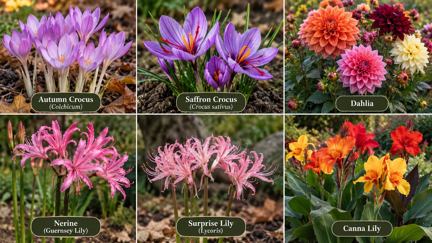 A multi-panel collage showcasing fall-blooming bulbs and corms, including Autumn Crocus, Saffron Crocus, Dahlia, Nerine, Surprise Lily, and Canna Lily.