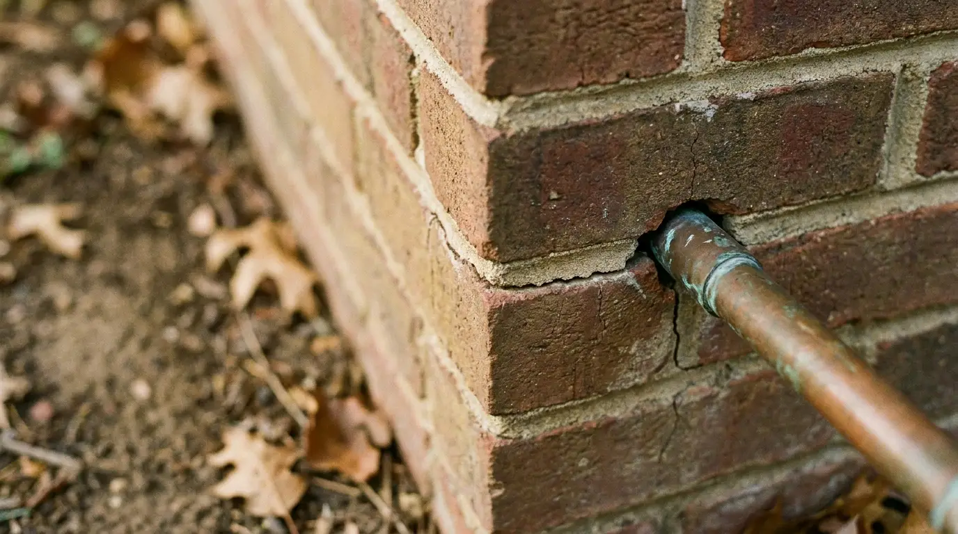 Copper pipe protruding from cracked brick wall with fallen leaves on ground
