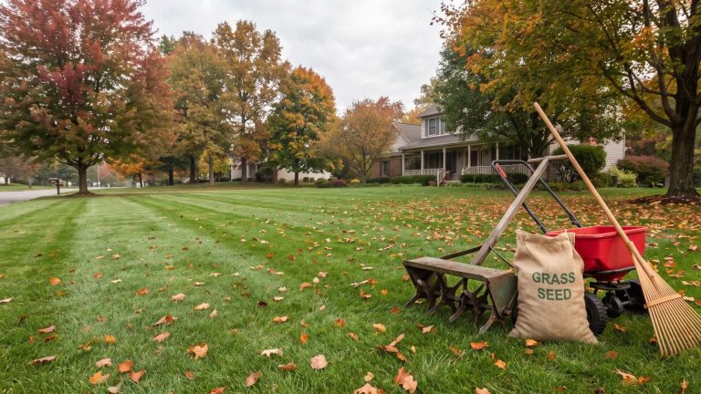 Alt text: Mowed green lawn with grass seed, rake, and wheelbarrow in autumn.